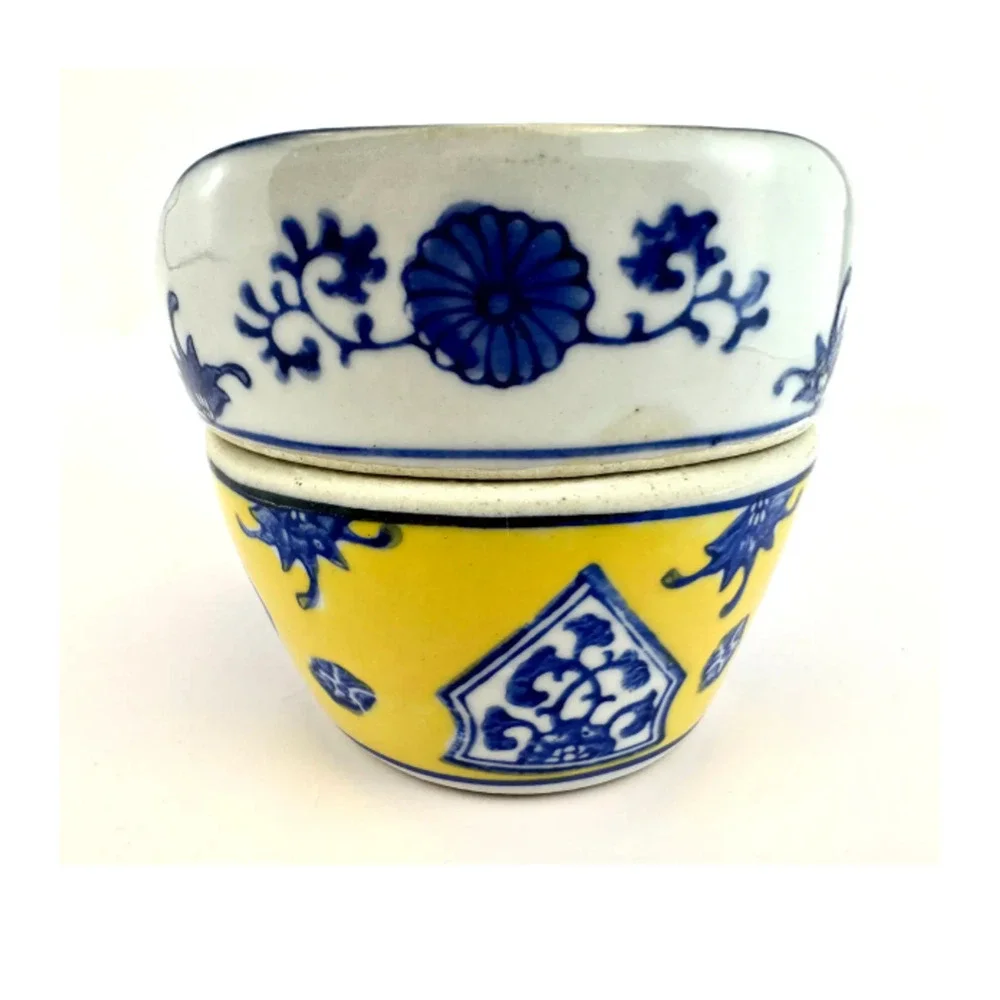 Chinese Vintage 1950s White, Yellow, and Blue Lucky Ingots Shaped Porcelain Box